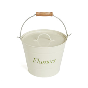 Cream enamel flamers bucket with lid and green writing and handle 